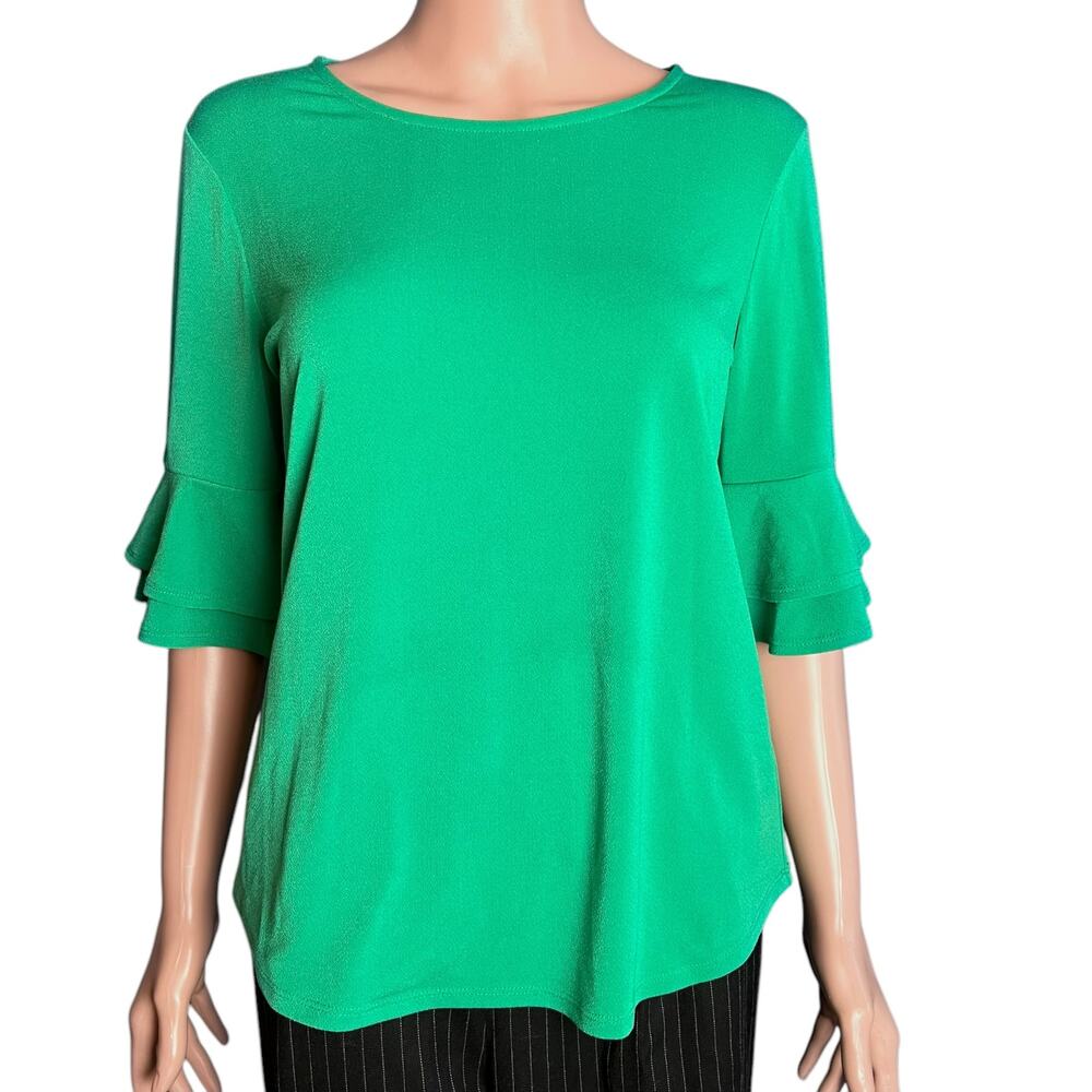 Adrianna Papell Crepe Bell Ruffle Sleeve Blouse S Kelly Green Preppy Romantic